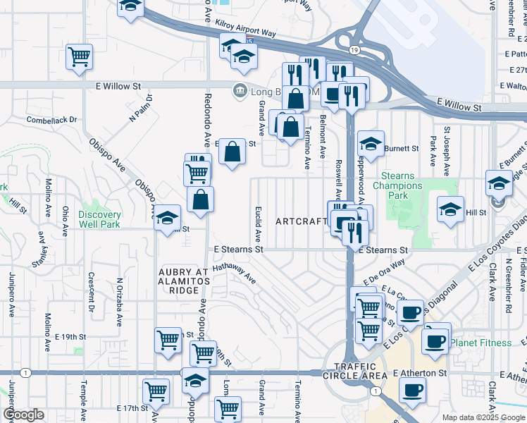map of restaurants, bars, coffee shops, grocery stores, and more near 2255 Grand Avenue in Long Beach