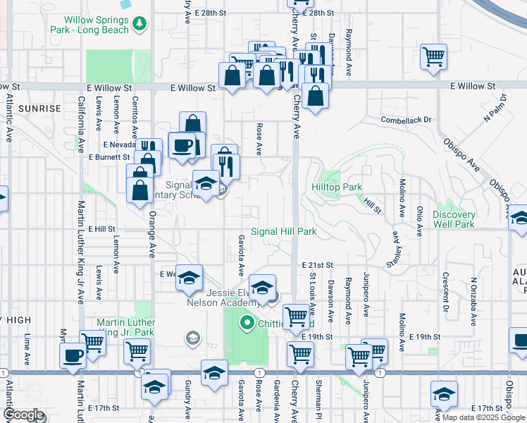 map of restaurants, bars, coffee shops, grocery stores, and more near 2237 Rose Avenue in Signal Hill