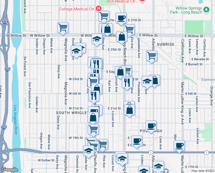 map of restaurants, bars, coffee shops, grocery stores, and more near 2250 Pine Avenue in Long Beach