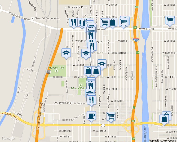 map of restaurants, bars, coffee shops, grocery stores, and more near 2250 Cota Avenue in Long Beach