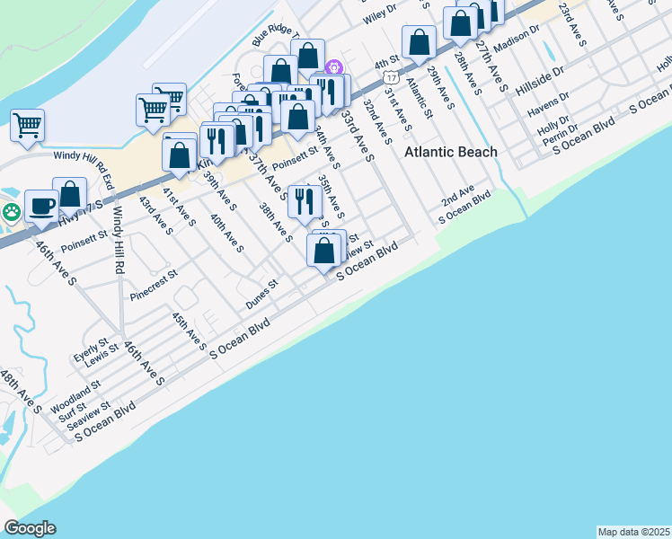 map of restaurants, bars, coffee shops, grocery stores, and more near 3602 South Ocean Boulevard in North Myrtle Beach