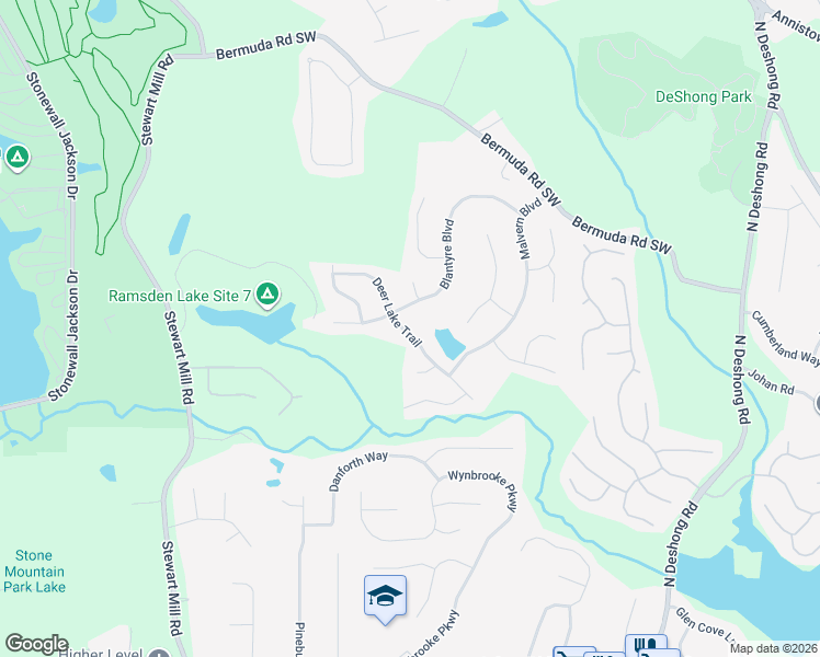 map of restaurants, bars, coffee shops, grocery stores, and more near 728 Deer Lake Trail in Stone Mountain