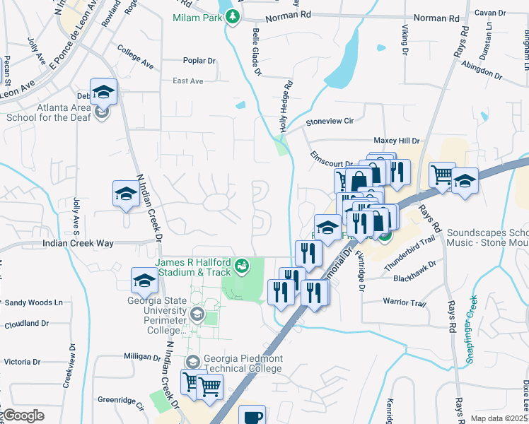 map of restaurants, bars, coffee shops, grocery stores, and more near 3954 Memorial College Avenue in Clarkston