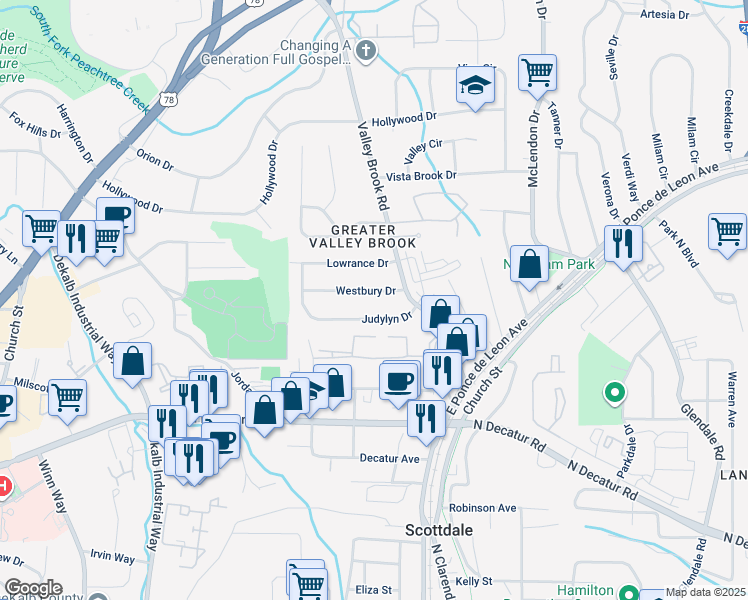 map of restaurants, bars, coffee shops, grocery stores, and more near 2985 Westbury Drive in Decatur
