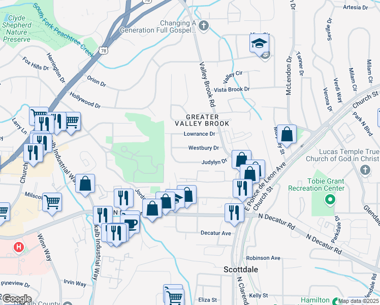 map of restaurants, bars, coffee shops, grocery stores, and more near 2949 Westbury Drive in Decatur