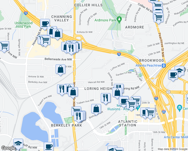 map of restaurants, bars, coffee shops, grocery stores, and more near 500 Northside Circle Northwest in Atlanta