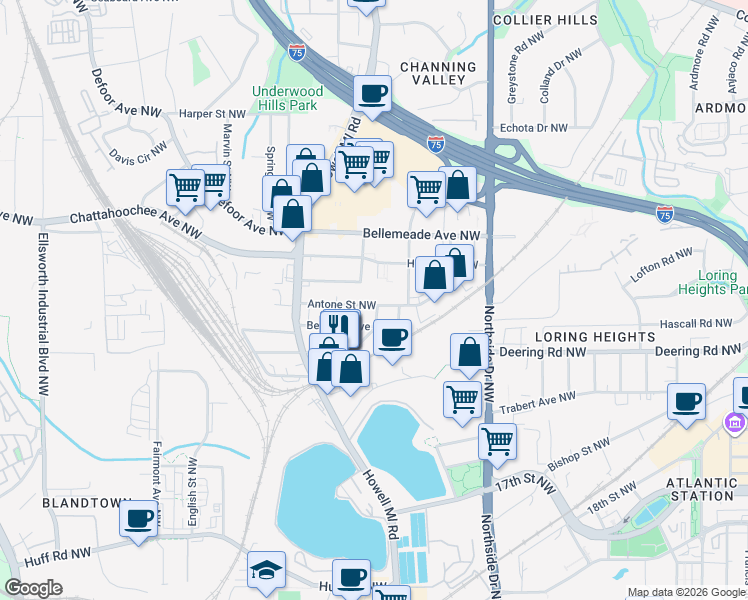 map of restaurants, bars, coffee shops, grocery stores, and more near 741 Antone Street Northwest in Atlanta