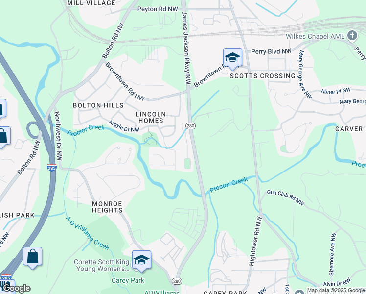 map of restaurants, bars, coffee shops, grocery stores, and more near 1634 Jackson Way in Atlanta