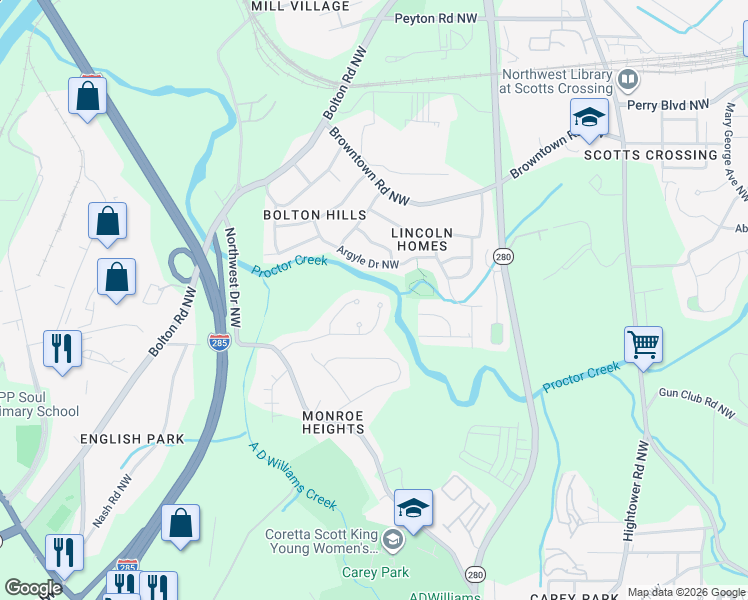 map of restaurants, bars, coffee shops, grocery stores, and more near 2770 Glenlocke Way Northwest in Atlanta