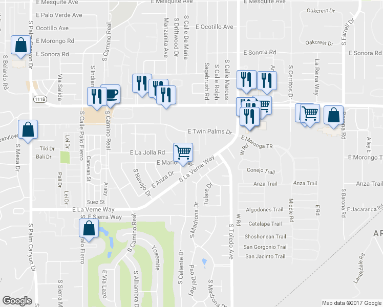 map of restaurants, bars, coffee shops, grocery stores, and more near 1445 Via Isla in Palm Springs