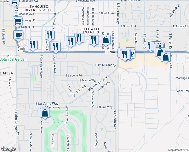 map of restaurants, bars, coffee shops, grocery stores, and more near 1411 Via Isla in Palm Springs