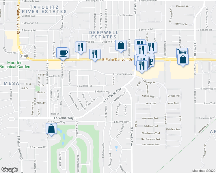 map of restaurants, bars, coffee shops, grocery stores, and more near 1411 Via Isla in Palm Springs