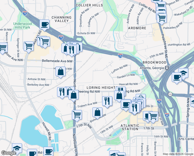 map of restaurants, bars, coffee shops, grocery stores, and more near 500 Northside Circle Northwest in Atlanta