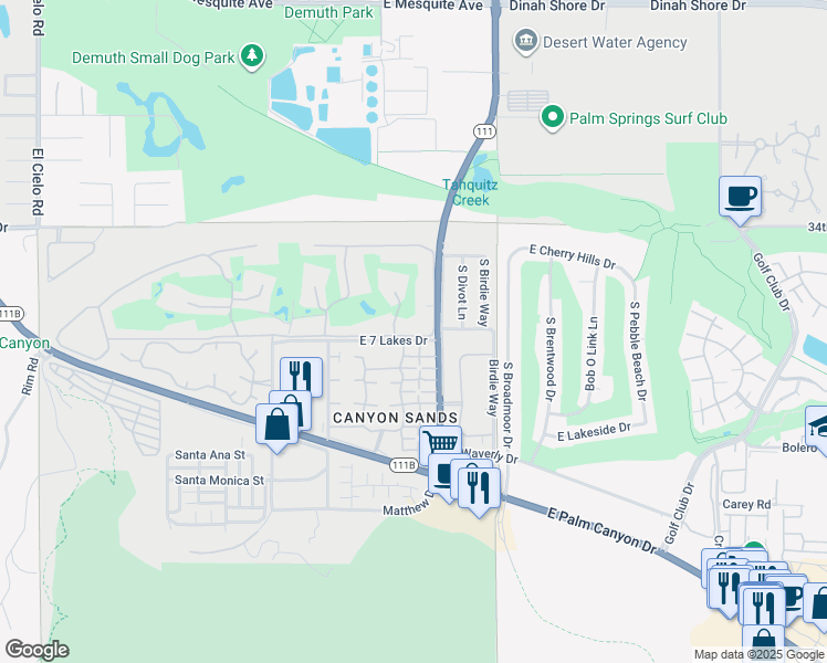 map of restaurants, bars, coffee shops, grocery stores, and more near 264 Desert Lakes Drive in Palm Springs