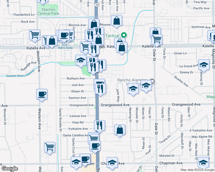 map of restaurants, bars, coffee shops, grocery stores, and more near 11341 Castello in Stanton