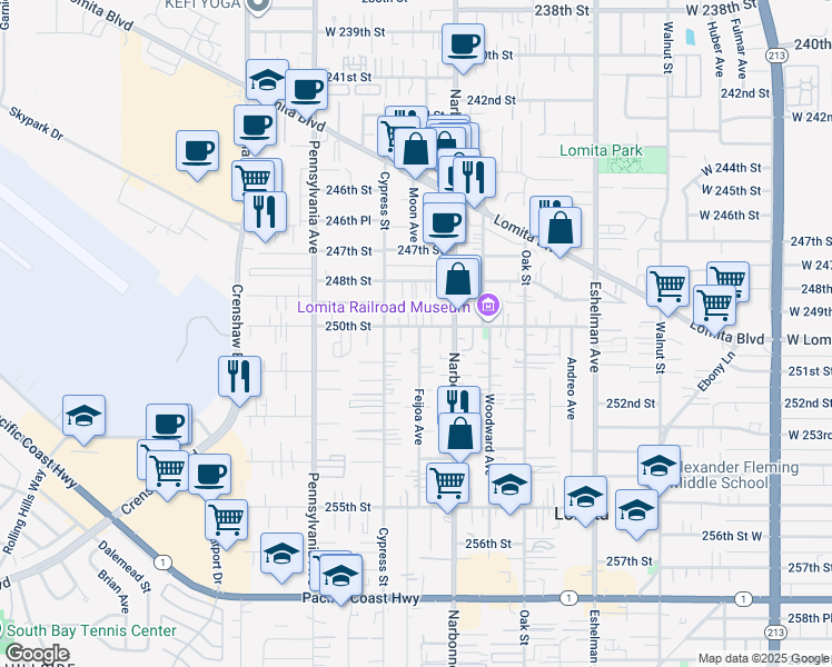map of restaurants, bars, coffee shops, grocery stores, and more near 2240 250th Street in Lomita
