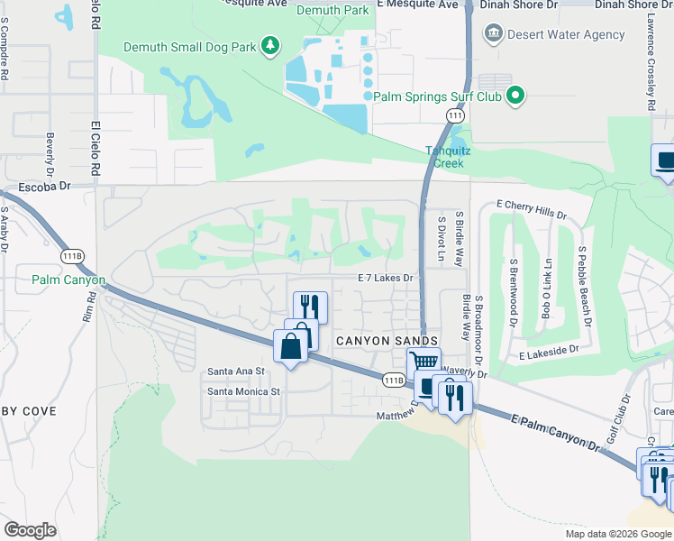 map of restaurants, bars, coffee shops, grocery stores, and more near 88 Desert Lakes Drive in Palm Springs