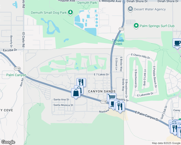 map of restaurants, bars, coffee shops, grocery stores, and more near 90 Desert Lakes Drive in Palm Springs