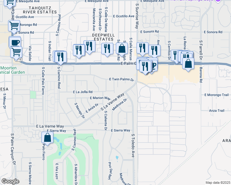 map of restaurants, bars, coffee shops, grocery stores, and more near 1860 Via Isla in Palm Springs