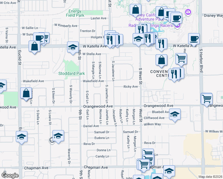 map of restaurants, bars, coffee shops, grocery stores, and more near 11341 Jacalene Lane in Garden Grove