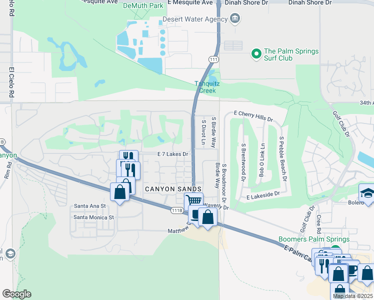 map of restaurants, bars, coffee shops, grocery stores, and more near 272 Desert Lakes Drive in Palm Springs