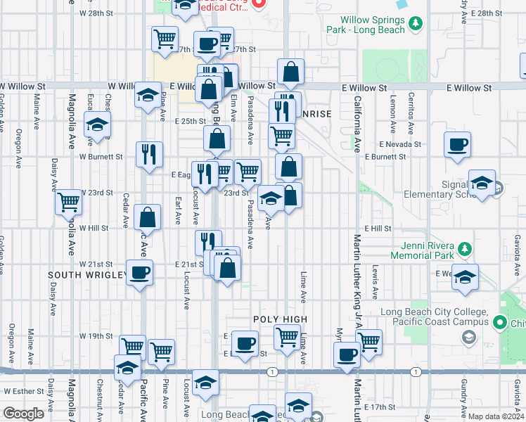 map of restaurants, bars, coffee shops, grocery stores, and more near 2247 Linden Avenue in Long Beach