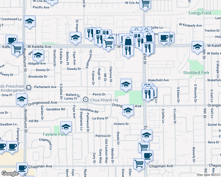 map of restaurants, bars, coffee shops, grocery stores, and more near 10712 Parliament Avenue in Garden Grove