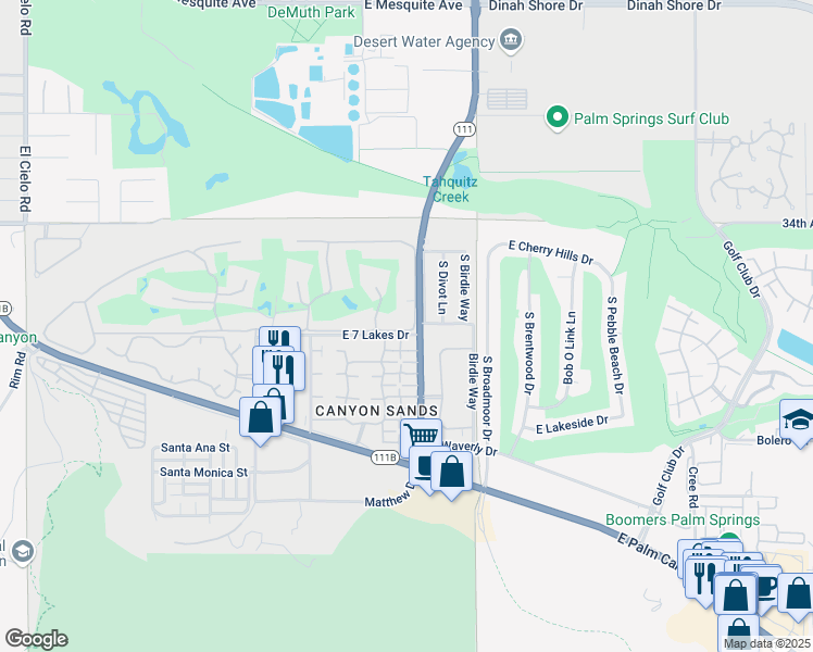 map of restaurants, bars, coffee shops, grocery stores, and more near 272 Desert Lakes Drive in Palm Springs