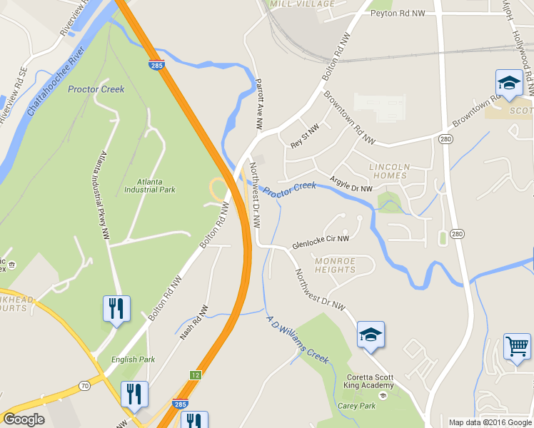 map of restaurants, bars, coffee shops, grocery stores, and more near 1550 Northwest Dr NW in Atlanta