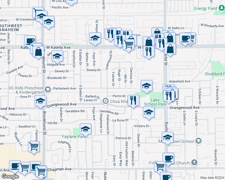 map of restaurants, bars, coffee shops, grocery stores, and more near 10572 Parliament Avenue in Garden Grove