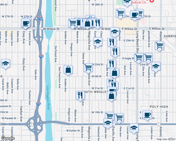 map of restaurants, bars, coffee shops, grocery stores, and more near 2245 Magnolia Avenue in Long Beach