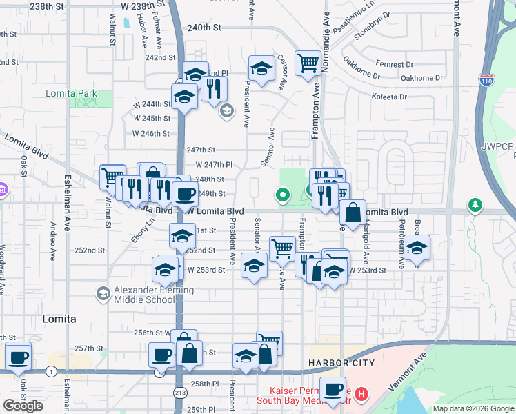 map of restaurants, bars, coffee shops, grocery stores, and more near 1435 Lomita Boulevard in Los Angeles