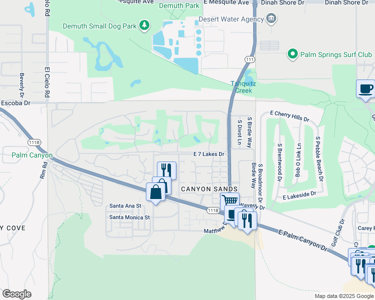 map of restaurants, bars, coffee shops, grocery stores, and more near 92 Desert Lakes Drive in Palm Springs