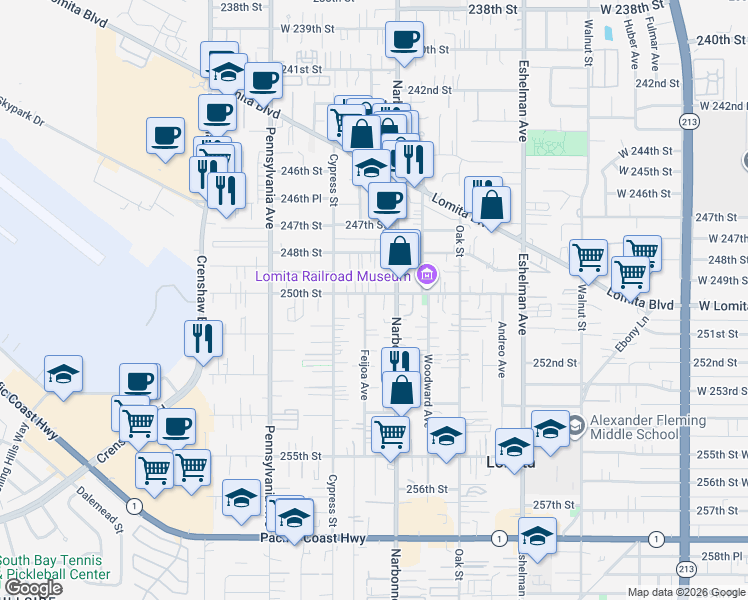 map of restaurants, bars, coffee shops, grocery stores, and more near 2240 250th Street in Lomita
