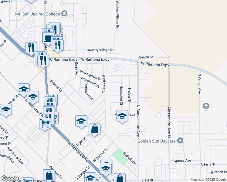 map of restaurants, bars, coffee shops, grocery stores, and more near 266 Galley Court in San Jacinto