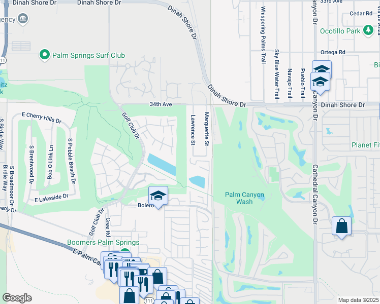 map of restaurants, bars, coffee shops, grocery stores, and more near 2215 Lawrence Street in Palm Springs