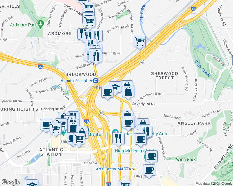 map of restaurants, bars, coffee shops, grocery stores, and more near 1605 Peachtree Street Northwest in Atlanta