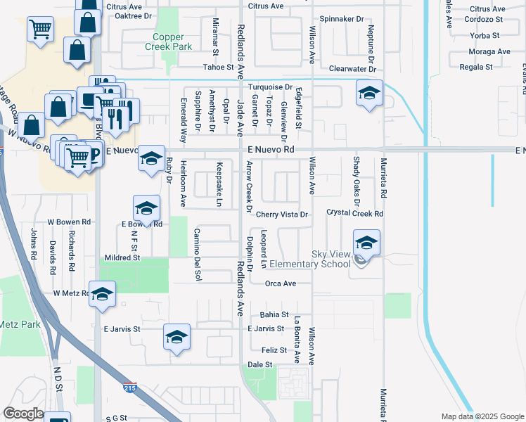 map of restaurants, bars, coffee shops, grocery stores, and more near 468 Cherry Vista Drive in Perris