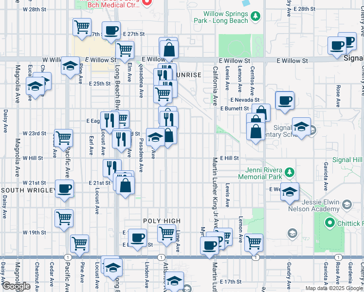 map of restaurants, bars, coffee shops, grocery stores, and more near 2248 Lime Avenue in Long Beach
