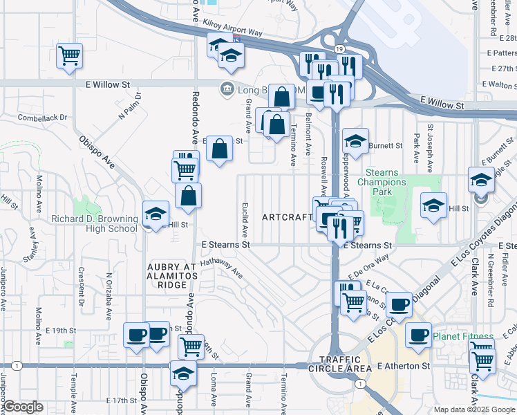 map of restaurants, bars, coffee shops, grocery stores, and more near 2255 Grand Avenue in Long Beach
