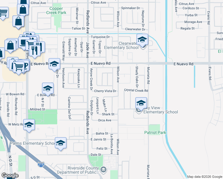 map of restaurants, bars, coffee shops, grocery stores, and more near 558 Cherry Vista Drive in Perris
