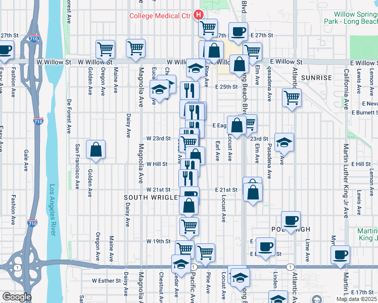 map of restaurants, bars, coffee shops, grocery stores, and more near 2243 Pacific Avenue in Long Beach
