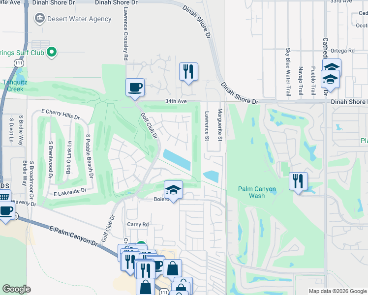 map of restaurants, bars, coffee shops, grocery stores, and more near 6117 Arroyo Road in Palm Springs