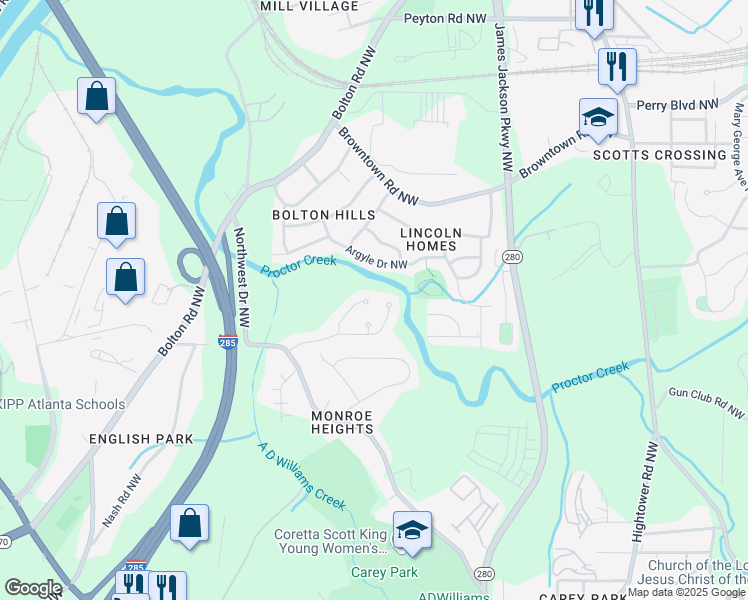 map of restaurants, bars, coffee shops, grocery stores, and more near 2770 Glenlocke Way Northwest in Atlanta