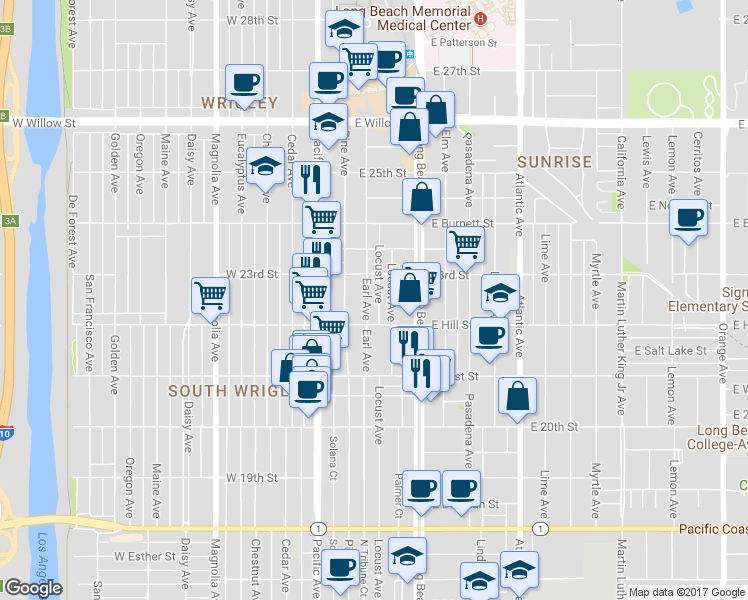 map of restaurants, bars, coffee shops, grocery stores, and more near 2246 Earl Avenue in Long Beach