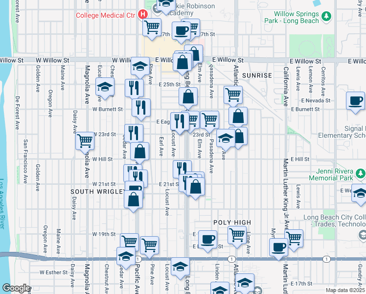 map of restaurants, bars, coffee shops, grocery stores, and more near 2247 Long Beach Boulevard in Long Beach