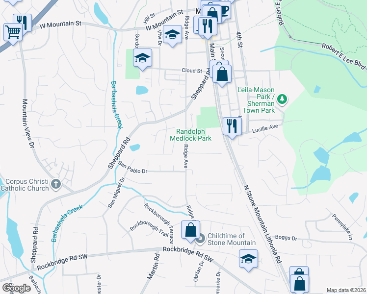 map of restaurants, bars, coffee shops, grocery stores, and more near 694 Ridge Avenue in Stone Mountain