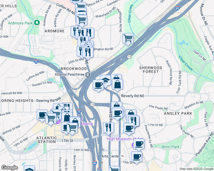 map of restaurants, bars, coffee shops, grocery stores, and more near 1605 Peachtree Street Northeast in Atlanta