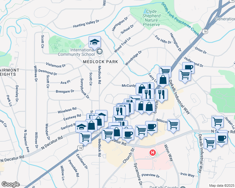 map of restaurants, bars, coffee shops, grocery stores, and more near 1424 Tuxworth Circle in Decatur
