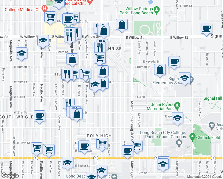 map of restaurants, bars, coffee shops, grocery stores, and more near 2248 Lime Avenue in Long Beach